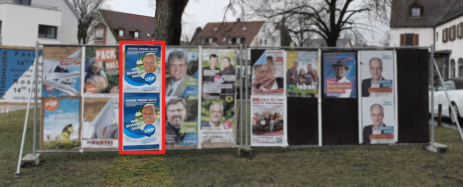 Plakatwand Petershausen, ÜBP, Bürgermeisterkandidat Georg F. Seitz